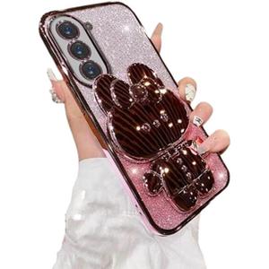 for Samsung Galaxy S24 Fe Case for Women Girls,Cute Hidden Rabbit Mirror Kickstand,Plating Soft Clear TPU with Camera Lens Protector,Luxury Bling Glitter Layer Girly Phone Case for Samsung S24FE Pink