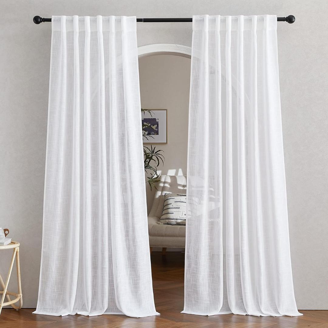 NICETOWN White Linen Sheer Curtains 90" Length, Rod Pocket & Back Tab Window Treatments Semi Sheer Curtain Drapes Privacy with Light Through for Living Room/Bedroom, 104 inch Length Total 2 Panels