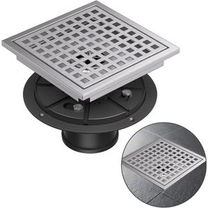 Square Shower Floor Drain with Flange, 4 Inch Brushed Nickel Shower Drain Hair Catcher, SUS304 Stainless Steel Floor Drain Strainer, Shower Drain Cover
