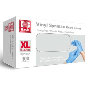 Basic Medical Synmax Vinyl Exam Gloves - Latex-Free & Powder-Free - X-Large, BMPF-3004 Blue Box of 100