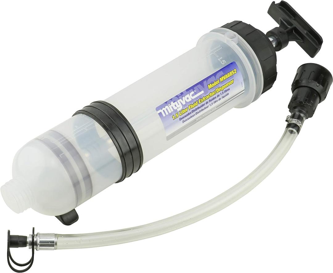 Mityvac MVA6852 1.5 Liter Fluid Evacuator Extractor and Dispensing Syringe, Twist-Valve, Dual-Seal Piston, MVA7218 Rubber ATF Adapter, for Master Cylinders, Transaxles, Power Steering and Coolant