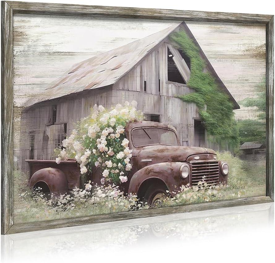 Framed Farmhouse Wood Wall Art: Country Old Truck Artwork Rustic Barn Wooden Painting for Bedroom, 24"L x 16"W
