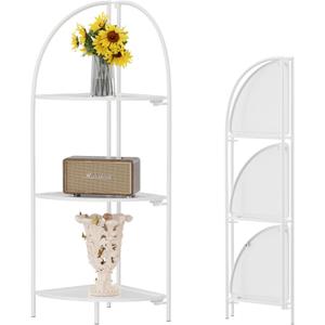 Crofy Foldable 3 Tier Corner Shelf, Metal Corner Plant Stand with White Frame and White Shelves, Corner Display Rack Multipurpose Shelving Unit for Living Room, Bedroom, Bathroom