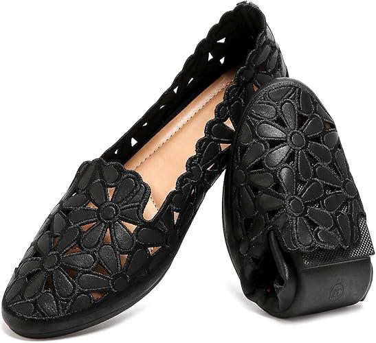 HEAWISH Women's Floral Ballet Flats for Women Black Beige Slip On Flowers PU Leather Round Toe Dress Shoes  size 9.5, Black
