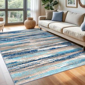 Lansny Modern Abstract 6x9 Machine Washable Living Room Rug Non-Slip Soft Bedroom Area Rug Blue Ultra Thin Print Faux Wool Floor Carpet Throw Rugs for Nursery Playroom Dining Room Indoor Office (Blue Aqua/Beige Taupe Multi)