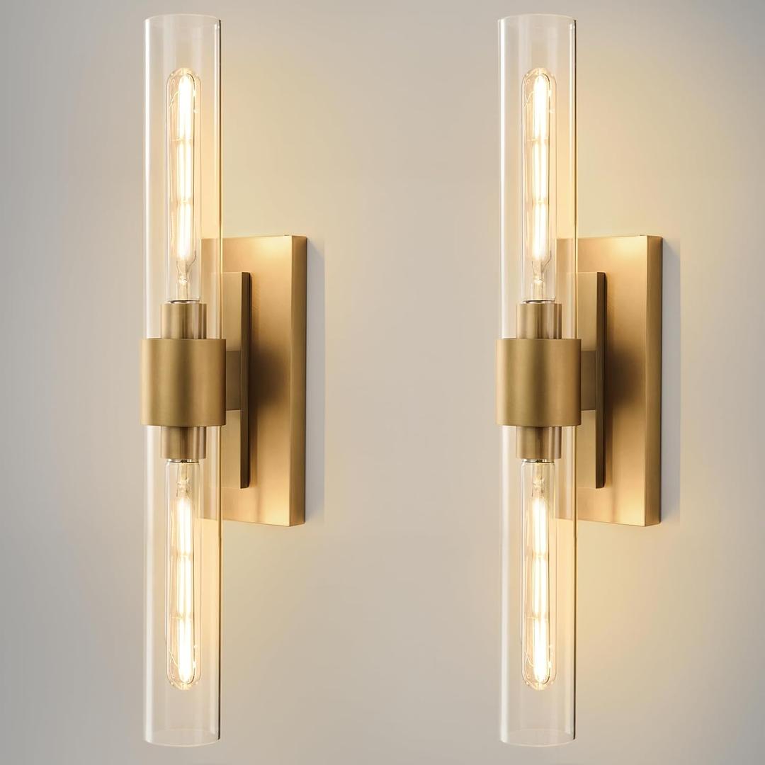 Champagne Brass Bathroom Wall Sconce - Set of 2 Modern Gold Light Sconces - Clear Glass Tube Vanity Lights - Vertical or Horizontal Mounted Dimmable Lighting Fixtures for Indoor Living Room Hallway