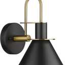 Black Wall Sconce, HWH Industrial Indoor Wall Light Fixture, Single Wall Vanity Light Brass Barn Wall Sconce Lamp for Bedroom Kitchen, Black and Gold Finish, 5HZG56B-L BK+BG