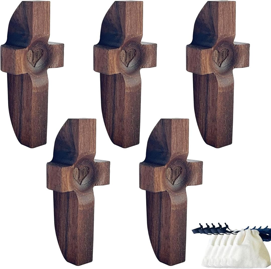 Cross my HeartSmall Wooden CrossEncouragement Gifts Stress Relief, Pocket Handheld Prayer Crosses, Religious Gifts (5PCS)