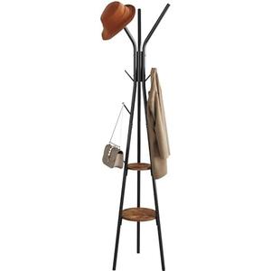 HOMEFORT Coat Rack, Coat Hanger Stand with 2 Shelves, Freestanding Hall Tree, Metal Hat Hanger with 12 Hooks for Clothes Hats and Scarves, Black and Rustic Brown,15.7" Wx15.7 Dx72.8H