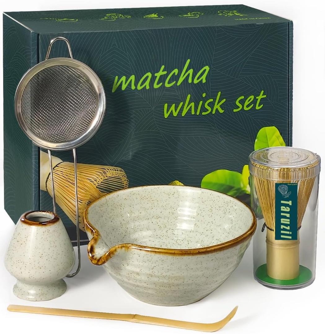 Taruzil Matcha Whisk Set with Matcha Bowl, Matcha Bamboo Whisk, Scoop, Sifter, Matcha Whisk Holder Unique Gifts for Women Mom Her Girl Friend Home Kitchen Decor Gifts for Christmas, Birthday