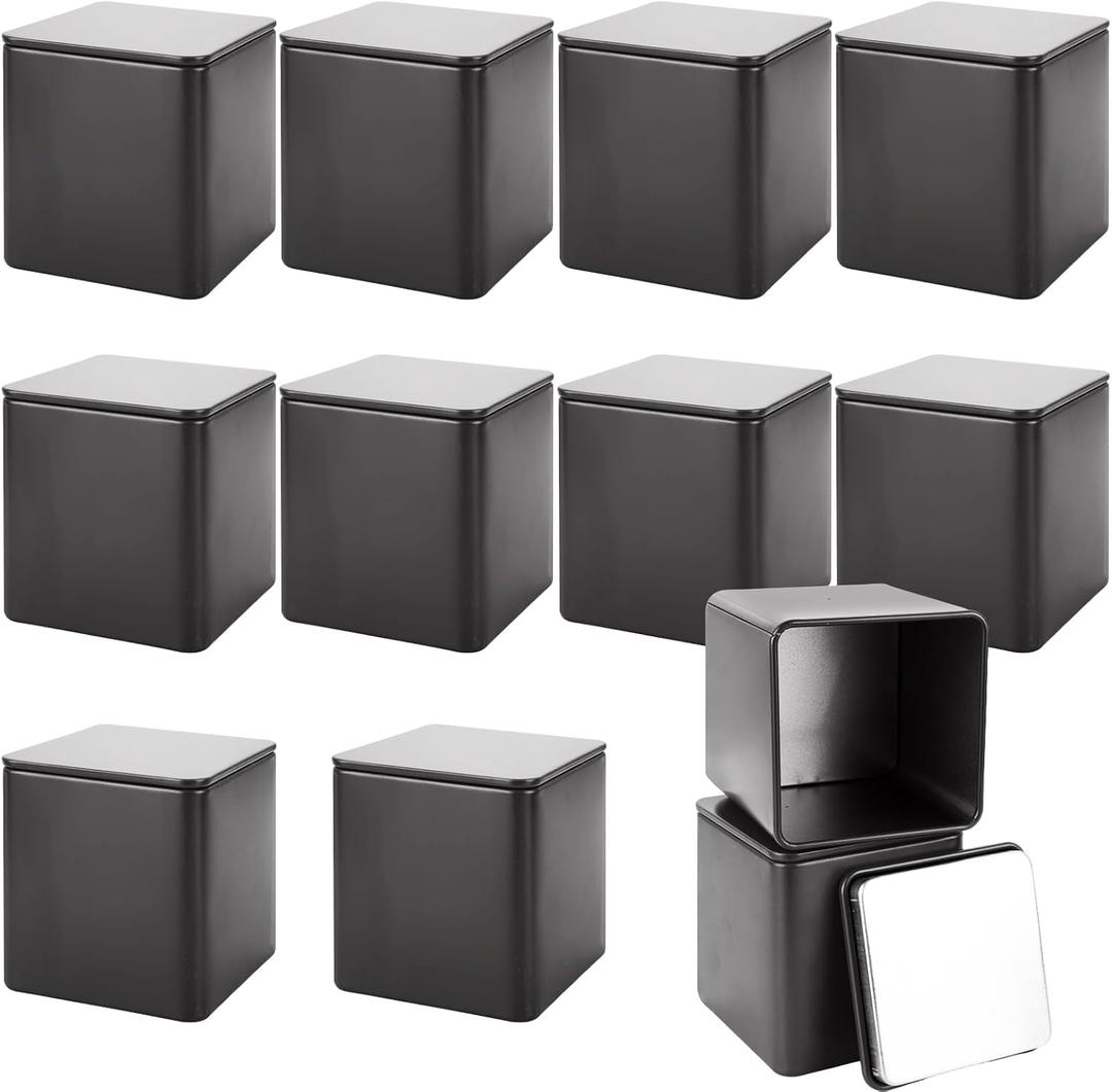 WOPPLXY 12 Pack Minimalist Black Square Metal Tea Tins, 3 Oz Loose Leaf Tea Storage Containers with Airtight Lids