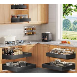 Seinloes 6 Pack Expandable Pull Out Cabinet Organizer 21"Deep With Raising Pad for Framed Cabinets,Upgrade 3 Slide Rails Slide Out Drawers,No Drill Roll Out Shelves,Adjustable Width 12.1"-20.4" Black