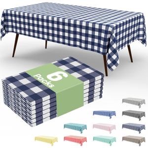 Smiry 6 Packs Gingham Disposable Table Cloth, 54 x 108 Inch Waterproof Plastic Tablecloth, Rectangle Navy and White Checkered Table Covers for Picnic, Birthday, Party