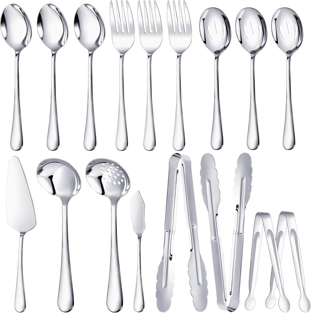 Mwellewm 17Pcs Serving Utensils, Silver Stainless Steel Large Serving Spoons, Slotted Spoon, Fork, Tongs, Cake Pie Server, Soup Spoon Metal Buffet Banquet Cutlery Set for Parties Entertaining Catering