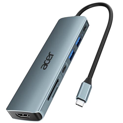 Acer USB C Hub, 7 in 1 Multi-Port Adapter for Laptop, 4K, HDMI Splitter with 2 USB A 3.1 & Type-C to HDMI Data Port, PD 100W Charging, SD Card Reader for Computer, Desktop, Space Grey