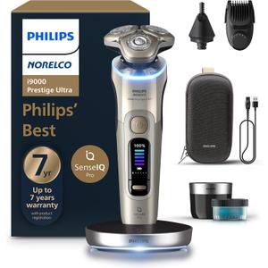 Philips Norelco Shaver i9000 Prestige Ultra, Wet & Dry Electric Shaver, White Gold, SenseIQ Pro Technology, Triple Lift & Cut System, 360 Rotating NanoTech Precision Blades, Beard Styler, XP9403/88 (i9000 Prestige + Charge Stand, QCP & Trimmers, Black)