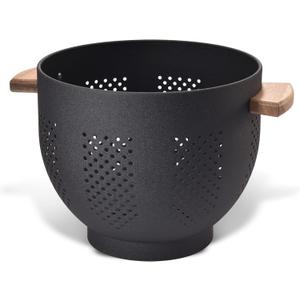 Metal Colander with Wood Handle and Stable Base, Powder Coated Steel Kitchen Strainer Basket for Draining Pasta, Vegetable and fruit (7quart,Matte Black)