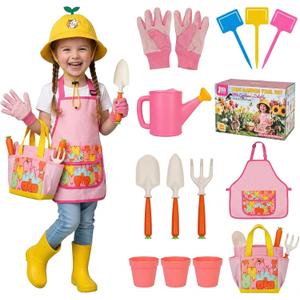 Kids Gardening Outdoor Tools Set with Adorable Sun Protective Hat & Bunny Apron, Carrot-Shaped Shovel Rake Trowel, Garden Kit for Toddlers Ages 3-8, Spring Birthday Gift