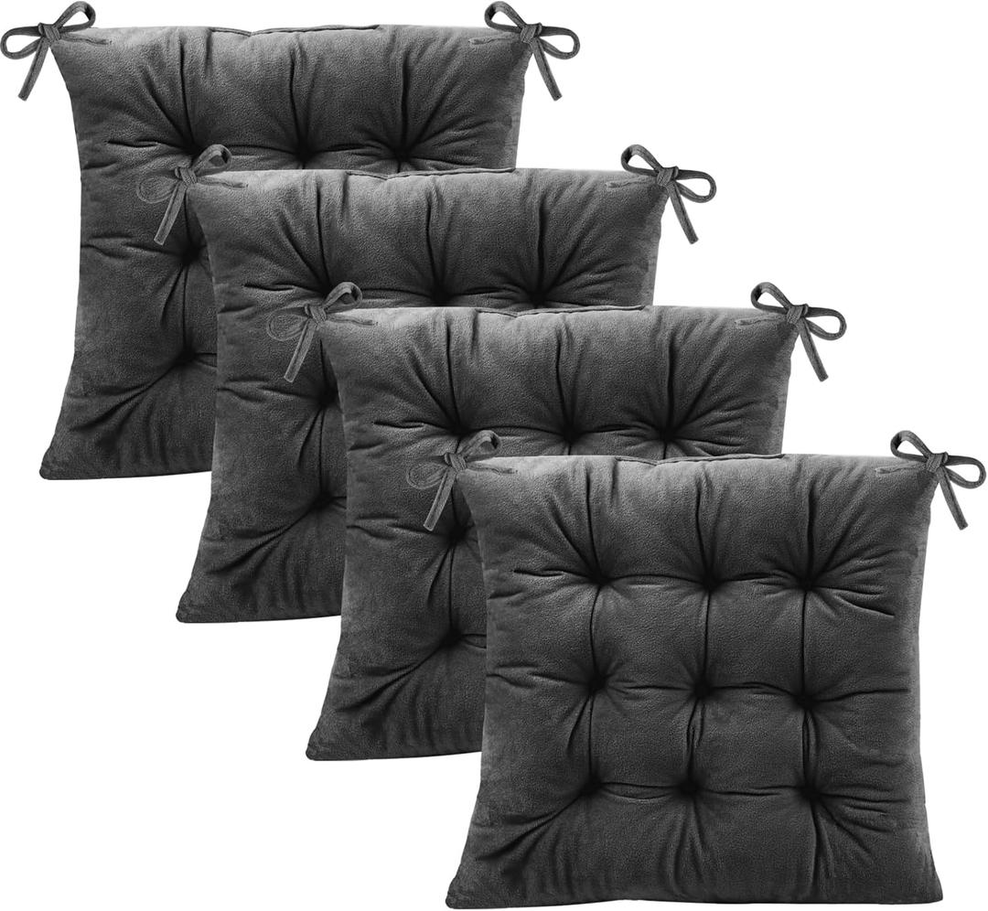 Pack of 4 Square Seat Cushion Chair Pads for Kitchen Dining Chairs, Soft Comfort Velvet Chair Mat Pillow Cushions with Ties for Office Desk Living Room Tatami 15.5", Dark Gray