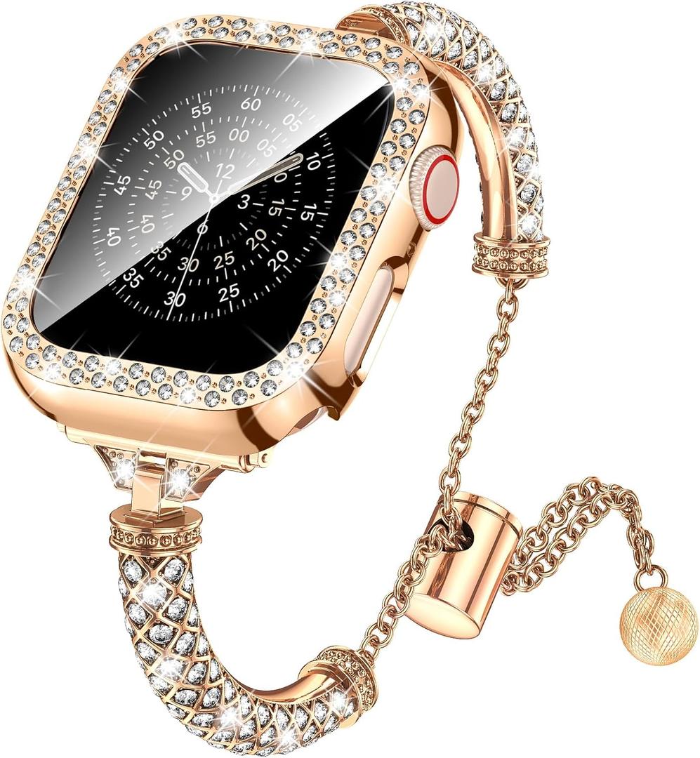 LETOID Bling Band & Case Compatible with Apple Watch 45 mm face (Series 7/8/9) Series 11 10 9 8 7 6 5 4 SE for Women, Fancy Metal iWatch Bands Rhinestone Bracelet Dressy Strap with Face Cover