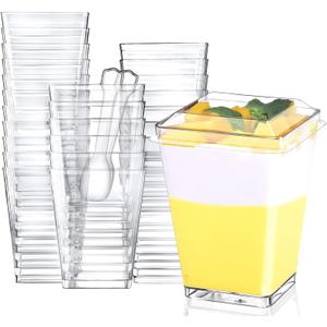 Eupako 100 Pack 5 oz Square Clear Plastic Dessert Cups with Lids and Spoons, Small Clear Plastic Tumbler Cups Set, Great for Desserts, Appetizers, Puddings, Mousse