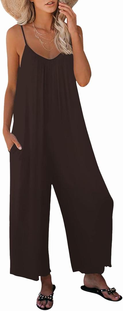 Womens Summer Casual Sleeveless Jumpsuit Loose Adjustable Spaghetti Strap Jumpsuits with Pockets 2025 Clothes X-Large Dark Coffee