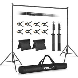 EMART Backdrop Stand 10x10ft(WxH) Photo Studio Adjustable Background Stand Support kit with 2 Crossbars, 8 Clamps, 2 Sandbags and Carry Bag for Parties, Events Decoration, Wedding, Photography (Black)