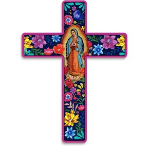 Putuo Decor Floral Cross Wall Decor Painted Decorative Wooden Inspirational Cross Spanish Style Wall Cross Decor Mexican Art Wall Decor Crucifix for Home Room Church Decoration