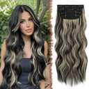 FESHFEN Clip in Hair Extensions - 4 PCS Long Wavy Thick Clip in Hairpieces Full Head Synthetic Hair Extension for Women, Black Highlighteded Blonde 20 Inch