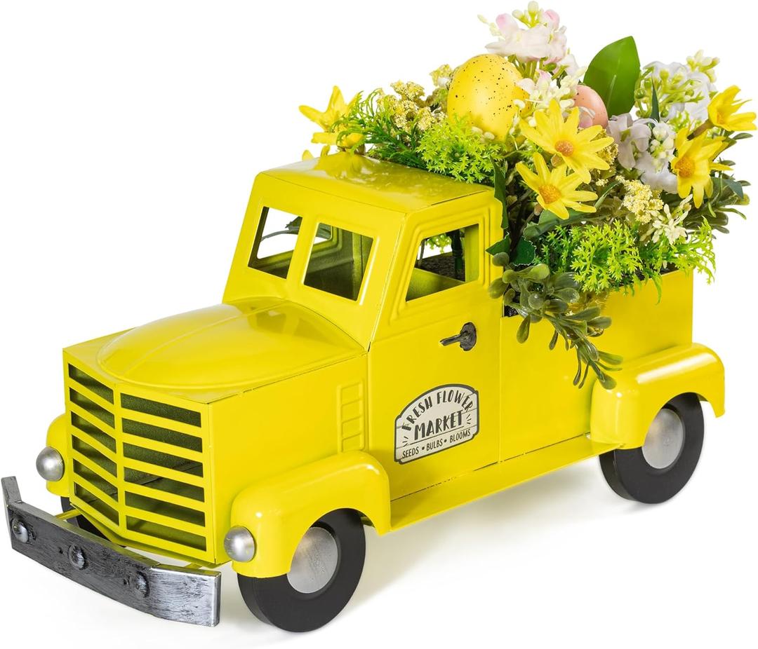 KI Store Yellow Truck Spring Easter Decor 12-Inch Vintage Metal Truck with Artificial Flowers Eggs for Easter Spring Decoration Table Centerpieces Mantel Display