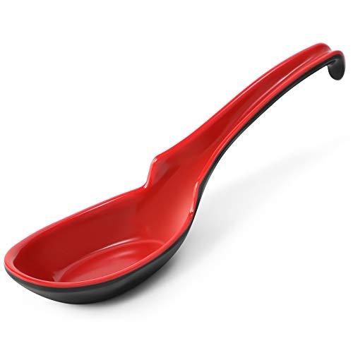 12 PACK Asian Soup Spoons, Rice Spoons, Melamine Chinese Won Ton Soup Spoon For  Noodle, Korean Style Large Spoon with Long Handle- Notch and Hook Style, Red ＆ Black