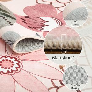 Boho Floral Area Rug 6x9, Non Slip Washable Living Room Carpet, Printed Low-Pile Water-Resistant Rug for Bedroom, Kitchen, and Entryway, 6x9, Pink