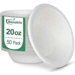 20oz Disposable Heavy Duty Paper Bowls - 50 Pack Compostable Biodegradable White Bagasse Bowls for Hot & Cold Food