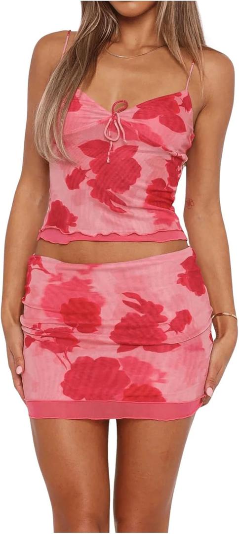 SOLY HUX Women's Summer Mesh Mini Skirt Sets 2 Piece Sexy Crop Camisole Tops Skirts Y2K Suit Going Out Outfits (Pink Printed, S)