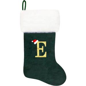 20 Inches Monogram Christmas Stockings Green Velvet with White Super Soft Plush Cuff Embroidered Xmas Stocking Classic Personalized Stocking Decoration for Family Holiday Season Decor(Letter E)