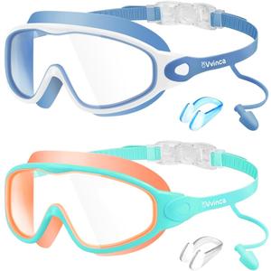 Vvinca Swim Goggles, Kids Goggles with Earplugs& Nose Clip Wide View Anti-Fog/UV Swimming Goggles for Age 3-15 Boys Girls