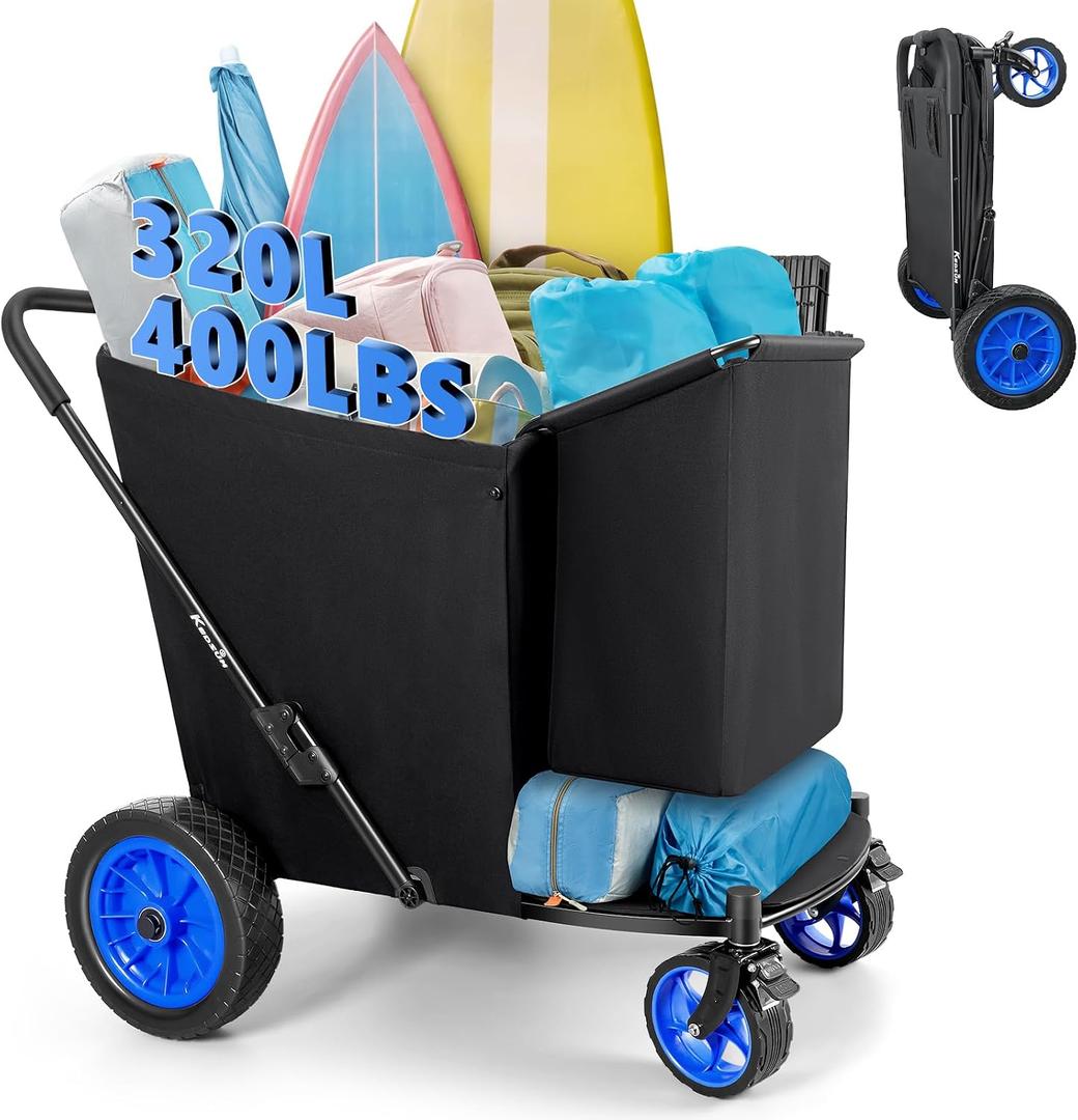 KEDSUM 11.3 Cu.Ft. 400LBS Large Capacity Beach Wagon with Big Wheels for Sand, 12" Rubber Wheels Beach Cart, Heacy Duty Collapsible Wagon for Sand, One-Click Foldable