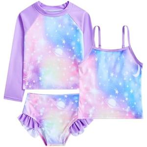 Funnycokid Girls Swimsuit 3 Pieces Long Sleeve Rash Guard Set Tankini Bathing Suits Summer Kids Swimwear 3-10 Years 8T