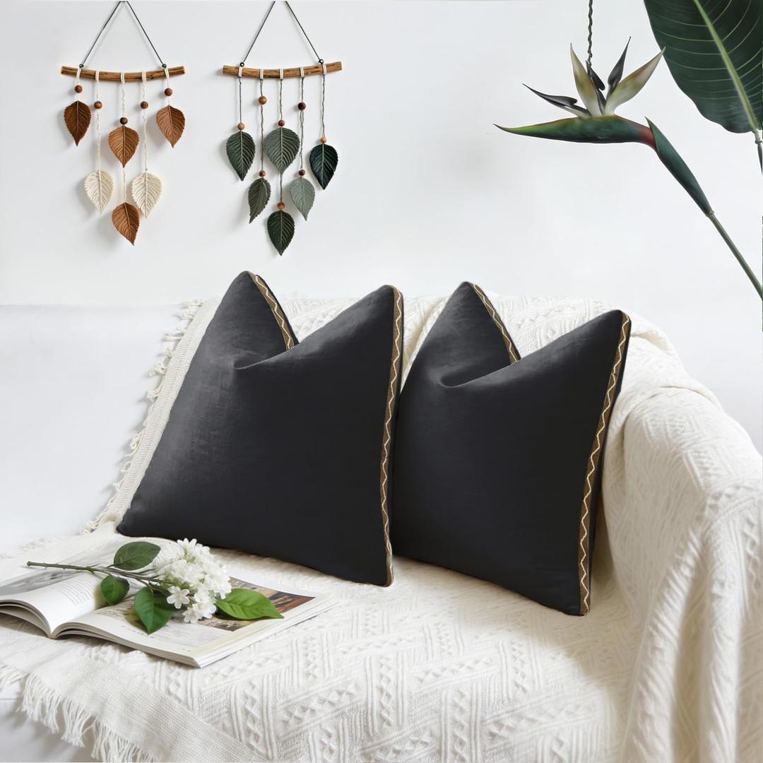 Boho Throw Pillow Covers | Decorative Pillow, Cotton & Polyester Fabric | Braid Fringe Sytle for Living Room (Black & Brown, 20x20 Inch)