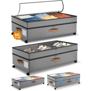 Under Bed Storage with Wheels, 10 inches Under Bed Storage Containers, 65L XXL Large Adjustable Underbed with Lids, Rolling Underbed Storage bins for Shoes, Clothes, Blankets, Grey