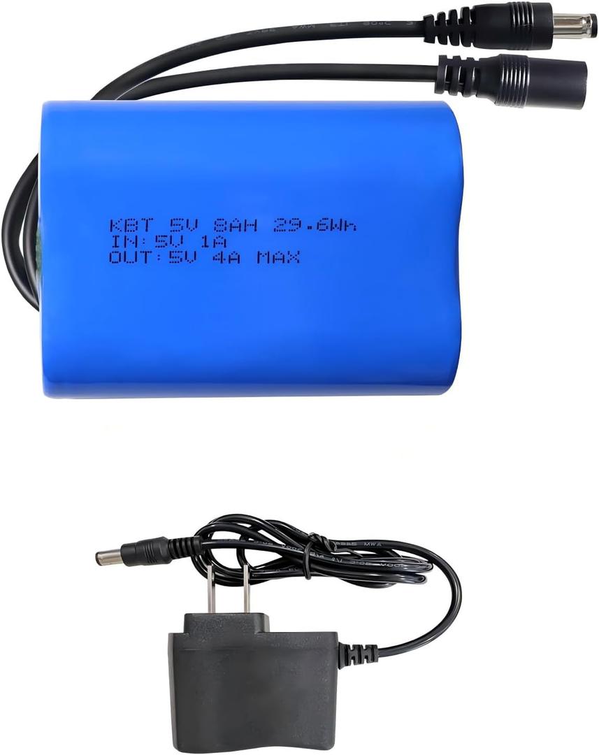KBT 5V 8Ah Battery Pack with DC5521 Connector Cable & Battery Charger Compatible with 5 Volt Devices, RC Car, Robot, DIY, LED Light Strip