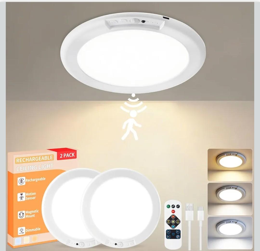 Rechargeable Ceiling Light 2Pack, 3 Color Motion Sensor Lights with Remote, Wireless Closet Light Battery Operated, Magnetic Dimmable LED Lights for Shower Pantry Shed Hallway Porch Garage Stairs