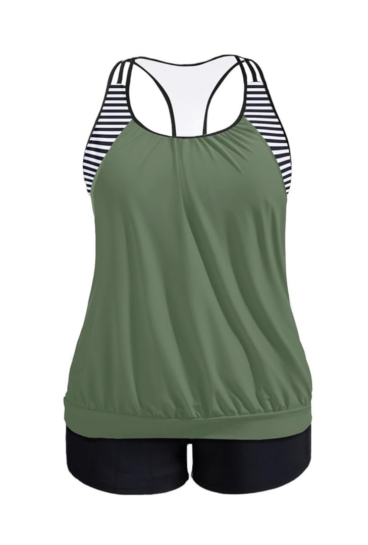 YONIQUE Plus Size Tankini Swimsuit for Women Two Piece Tummy Control Bathing Suit Blouson Racerback Tankini Top with Shorts, XXL
