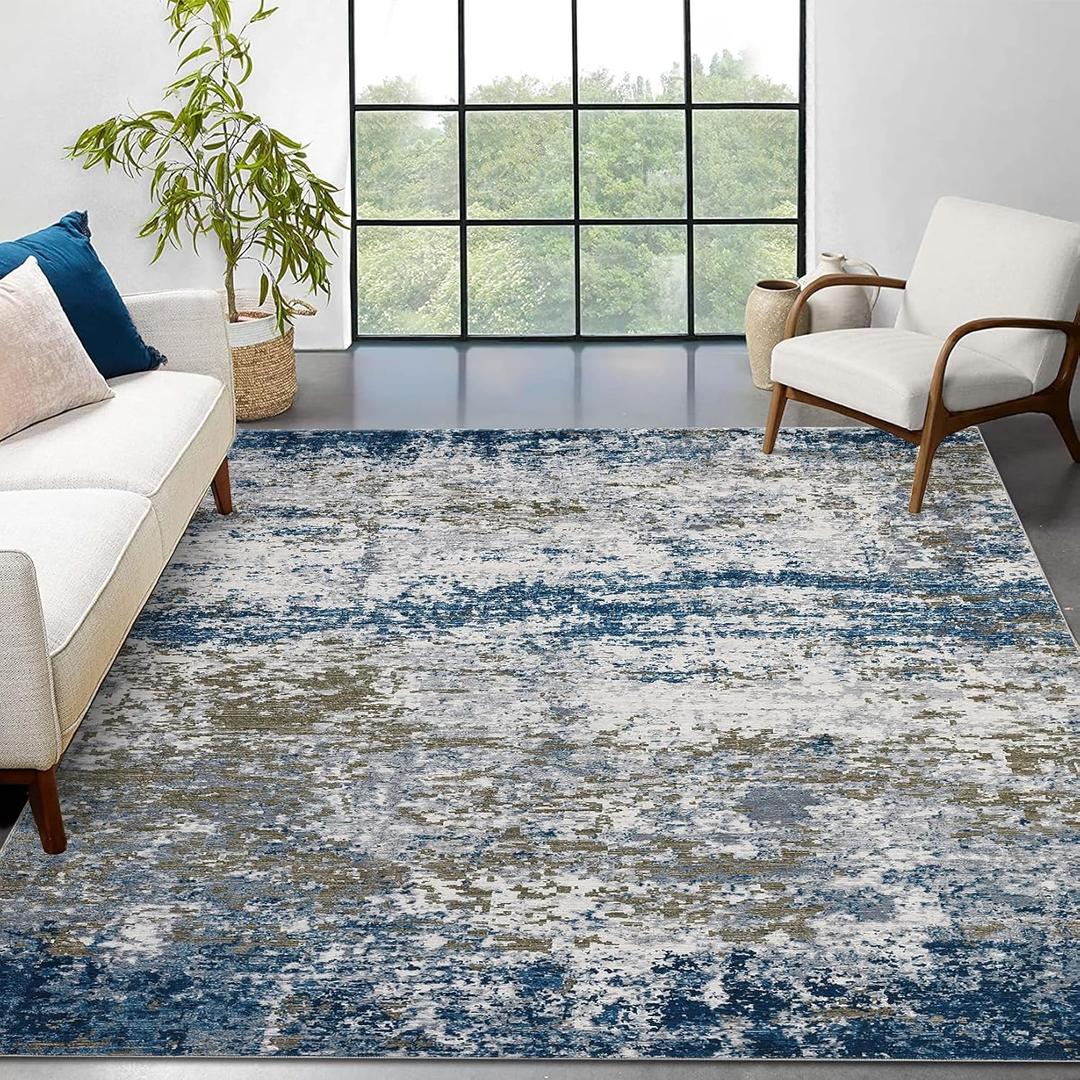 8x10 Modern Abstract Rug Faux Wool Accent Ultra Soft Rug Non Slip Non Shedding Large Washable Rug for Living Room Bedroom Dining Room Office Home, Navy