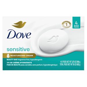 Dove Beauty Bar Soap Sensitive, 4 Bars for Sensitive Skin, Fragrance Free and Hypoallergenic 3.75 oz