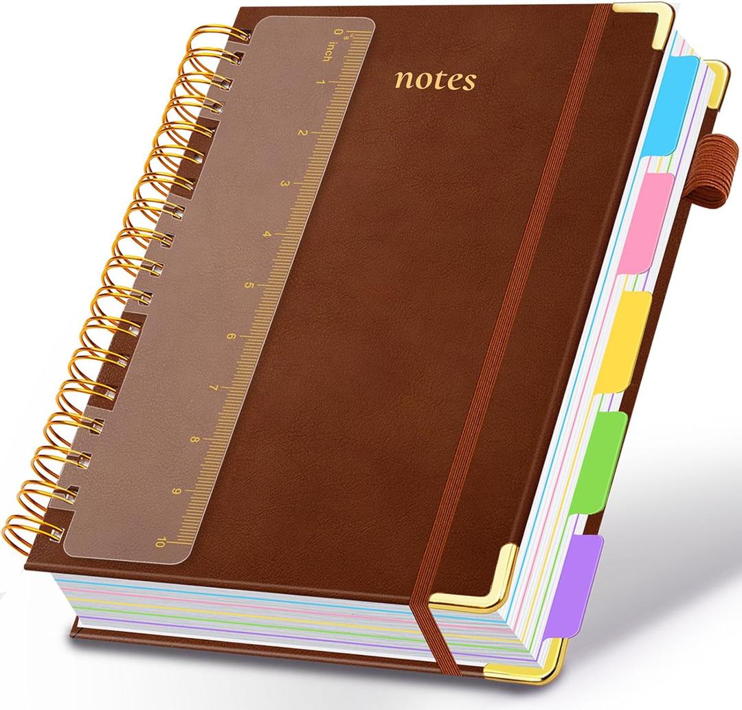 Hardcover Spiral Notebook 8.5"x11" Journal Notebook with Tabs and Removable Dividers 300 Pages 5 Subject Notebook College Ruled, Faux Leather Spiral Bound Notebook for Women School Work (Brown)