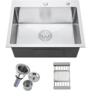 25" x 22" Drop-In Kitchen Sink, Single Bowl Topmount with Nano Coating & Workstation Design, Stainless Steel with Enhanced Durability