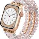 MOFREE Beaded Bracelet Compatible for Apple Watch Band 38mm/40mm/41mm/42mm(Series 10) Women,Fashion Handmade Beads Elastic Stretch Strap for iWatch Series 10/9/8/7/SE/6/5/4/3/2/6 (Pink)