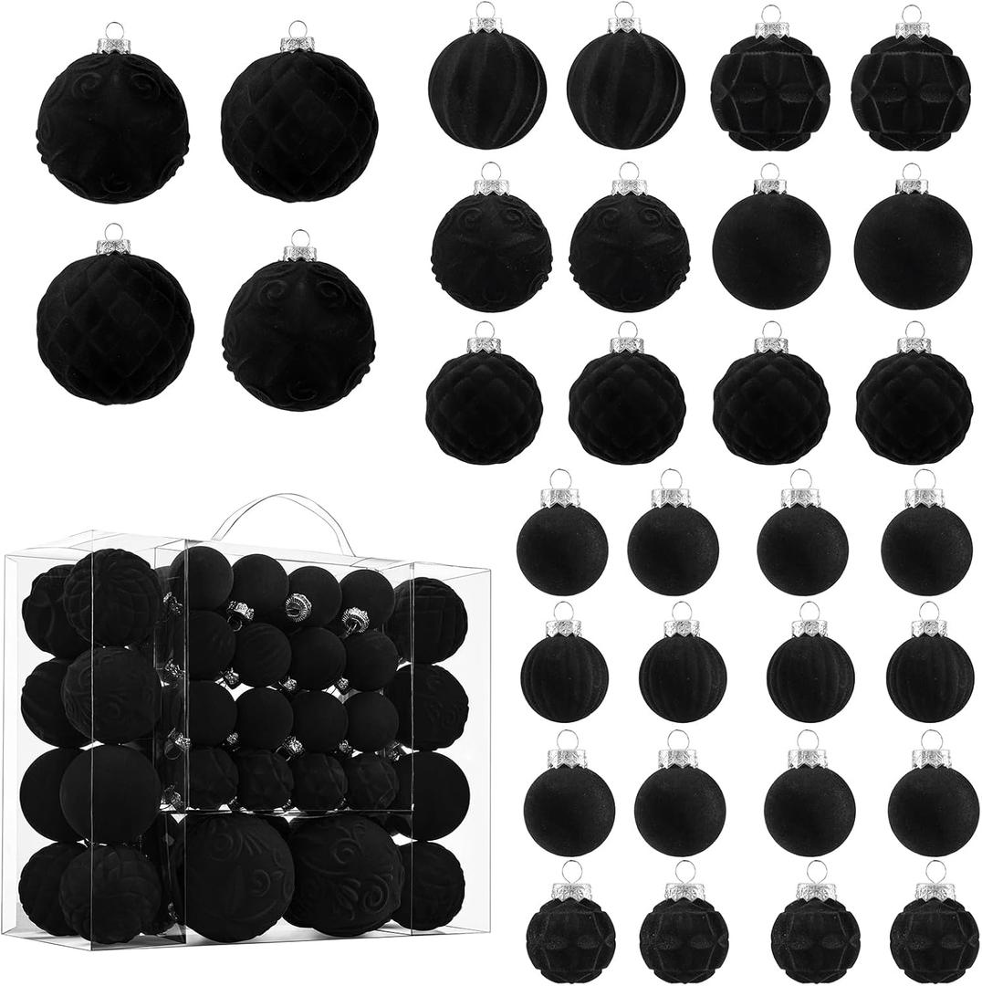 Velvet Christmas Ball Ornaments - 46pcs Flocked Christmas Tree Decorations Set Assorted Shatterproof Hanging Ornaments with Loop for Xmas Holiday Home Decor, 3 Sizes (Black)