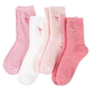 Abeillo 4 Pairs Fuzzy Socks for Women Cozy Fluffy Slipper Socks Soft Thick Home Sleeping Sock Coquette Warm Winter Clothing US 5 - 10